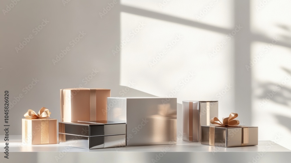 Poster a collection of stylish geometric gift boxes with bows is beautifully arranged, illuminated by soft 