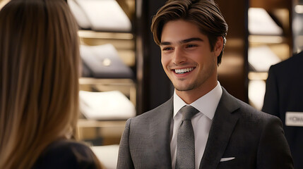 Stylish man engaging in conversation at a luxury store
