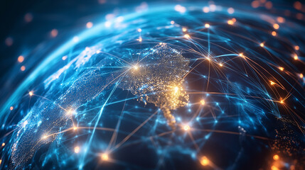 Obraz premium Digital globe with glowing network lines connecting various points across the world, symbolizing global communication, technology, and connectivity. The vibrant lights emphasize the interconnectedness