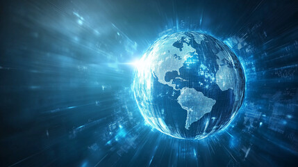 Fototapeta premium Futuristic digital globe emitting bright blue light, showcasing the interconnectedness of countries and global data exchange. The image represents the future of communication, technology, and the digi
