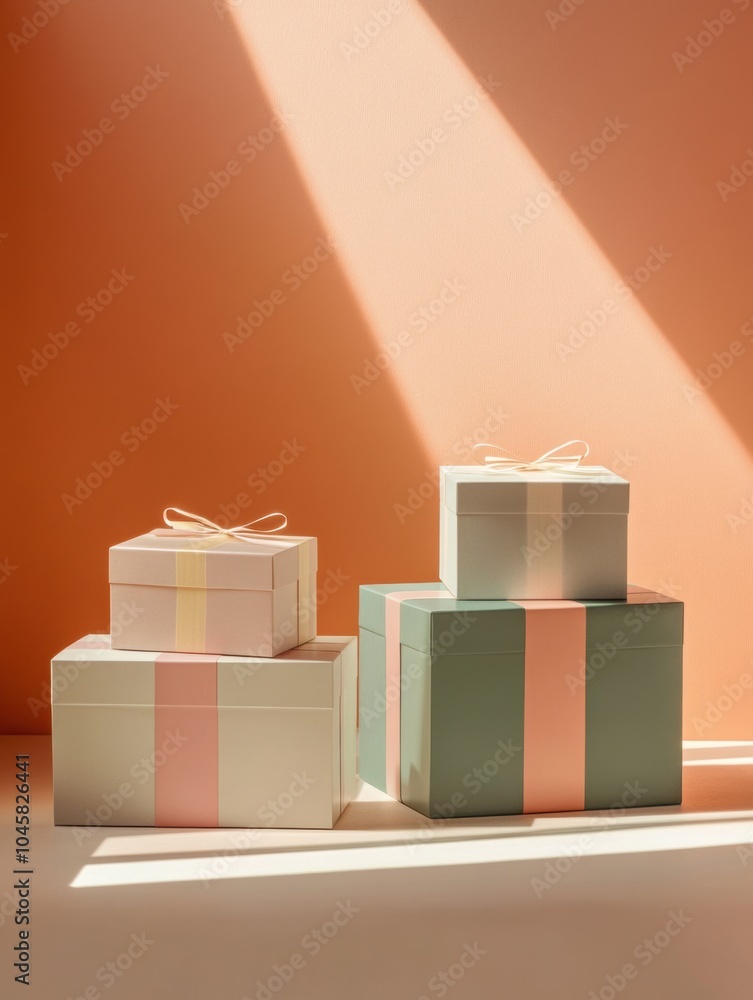 Poster three beautifully styled geometric gift boxes are placed artistically, casting gentle shadows in a w