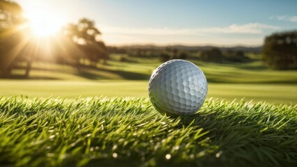 A close-up of a golf ball on lush grass with a sunrise in the background.