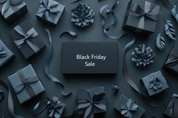 Black Friday Sale Banner with Paper-Cut Gift Boxes and Ribbons in Elegant Black and Gray Design