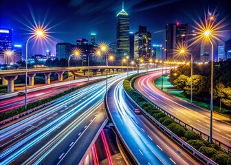 Fototapeta premium Nighttime City Highway with Road Markings for Urban Landscape Photography