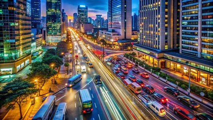 Night Rush Hour: City Streets Illuminated by Traffic Lights and Neon Signs