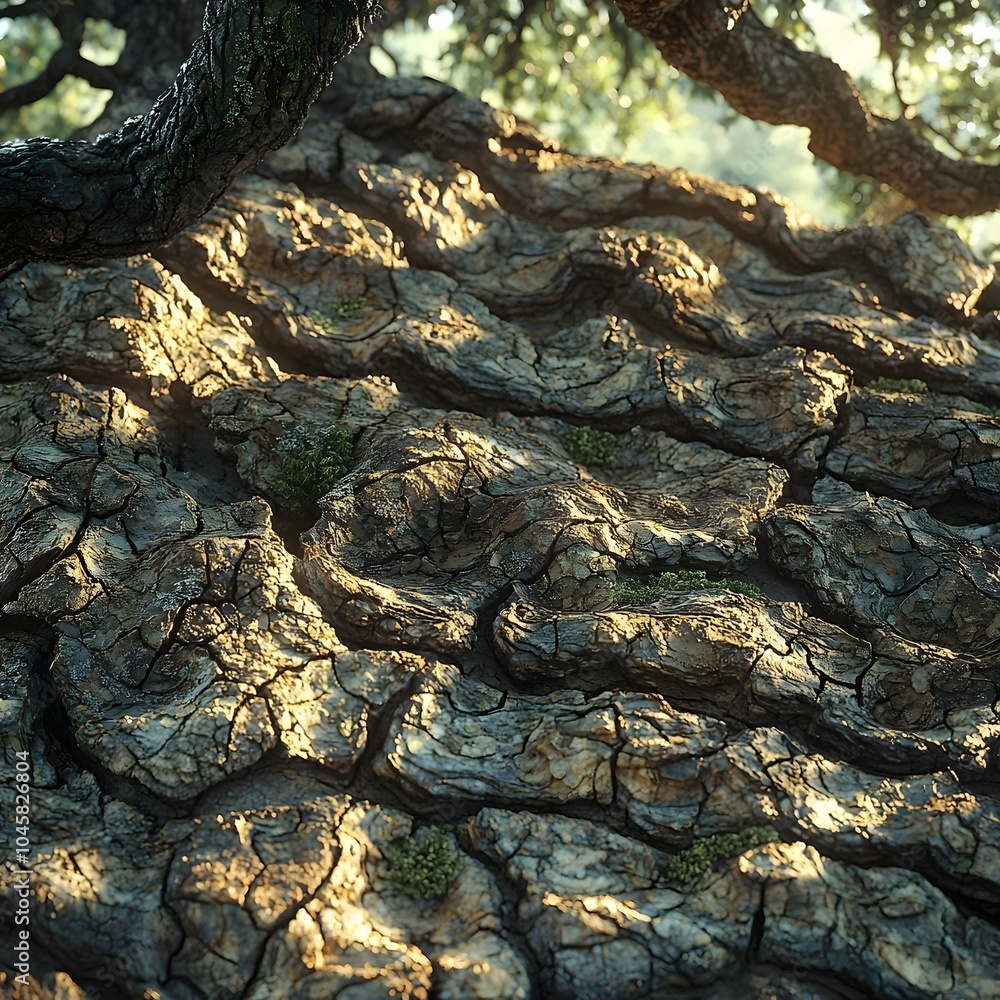 Poster close-up of an ancient tree trunk, showcasing its textured bark with intricate cracks and patches of