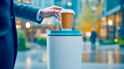  Persona desechando un vaso de café en un contenedor de basura en un área urbana. La imagen representa prácticas responsables de eliminación de desechos.

