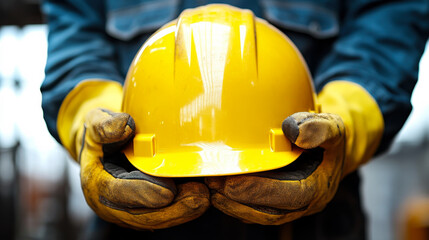 A construction worker holds a bright yellow hard hat with gloves in a workshop during daytime, emphasizing safety at work
