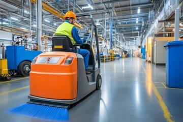 Industrial floor cleaning machine in use by worker in a clean facility