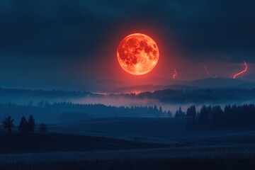 A dramatic landscape featuring a large blood-red moon amidst dark clouds and lightning.