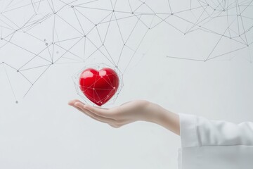 Medicine doctor holding red heart shape in hand with medical icon network connection modern virtual screen interface, Medical technology network concept