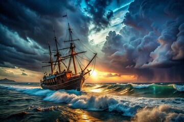 Obraz premium Old Ship Battling Stormy Seas - High Depth of Field Photography