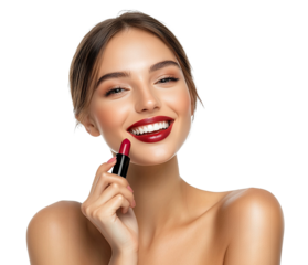 Beautiful smiling woman applying red lipstick, isolated on transparent cutout background