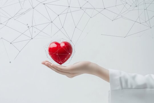 Medicine doctor holding red heart shape in hand with medical icon network connection modern virtual screen interface, Medical technology network concept - Powered by Adobe