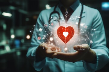 Medicine doctor holding red heart shape in hand with medical icon network connection modern virtual screen interface, Medical technology network concept
