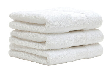Stack of neatly folded white towels, isolated on transparent cutout background