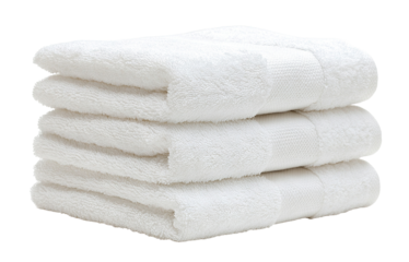 Stack of neatly folded white towels, isolated on transparent cutout background