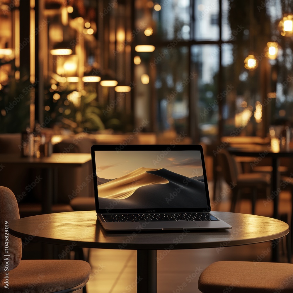 Aufkleber the laptop on the table shows a serene desert scene, while the café's warm lights create an inviting