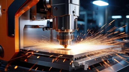 A close-up of a CNC machine cutting metal, producing sparks in an industrial setting.