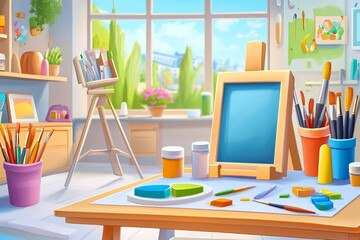 Fototapeta premium Colorful Artist Studio with Paints and Brushes