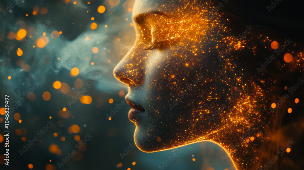 Poster a glowing silhouette of a woman with sparkling particles creating a mesmerizing effect against a dar