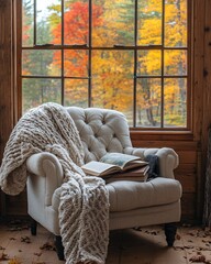 Armchair with a warm blanket and book