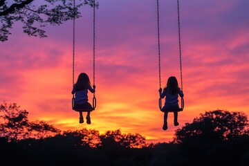 Two children on swings against a vibrant sunset sky.