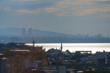 cityscape of Istanbul, Turkey, a view of the city roofs and Marmara sea at dawn