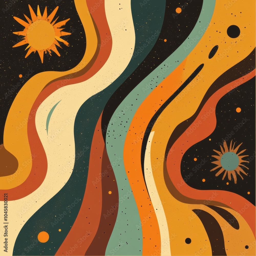 Aufkleber This doodle displays dynamic curves and retro shapes in warm tones reflecting nostalgic 70s and 80s design aesthetics. Generative AI