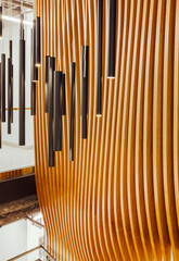 Wooden staircase with modern design in open space office 
