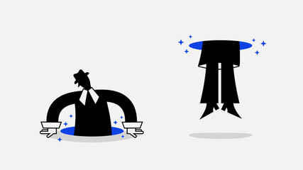 Person in business black suit and hat shows vanishing trick. Vector flat illustration. Magic portal. Moving in space. Fantasy round hole.
