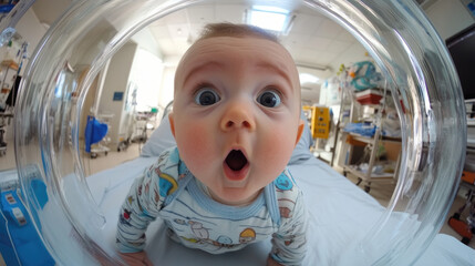 A wide-eyed baby in a hospital cot displays a surprised expression, capturing innocence and curiosity. The medical setting highlights the child's emotions.