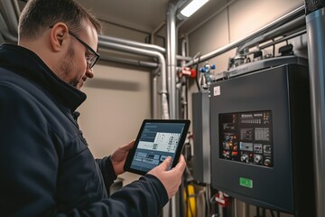 Fototapeta premium The technician checking the heating system in the boiler room with tablet in hand