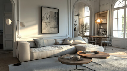 Fototapeta premium Modern living room with natural light, stylish decor, and a cozy atmosphere in an elegant home setting