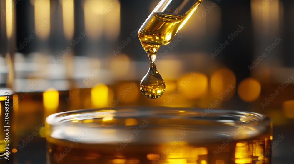 Poster droplet of liquid falling from a pipette into a beaker in a laboratory setting, illuminated by warm 