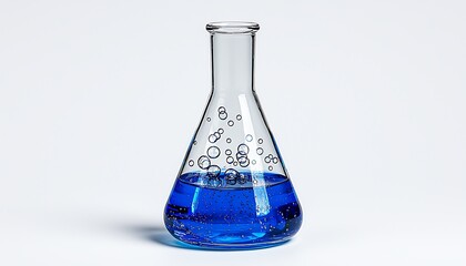 A glass flask with blue liquid and bubbles.