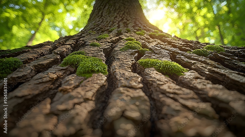 Poster a close-up view of a textured tree trunk with vibrant green moss growing in the grooves, illuminated