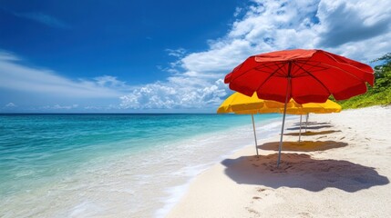 Fototapeta premium Colorful beach umbrellas on a white sandy beach with turquoise water and blue sky.