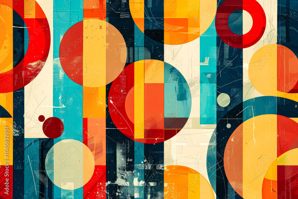 Poster colorful abstract painting with many different colored circles. the painting is full of energy and m