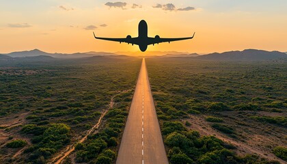 Airplane taking off at sunset over rural landscape.