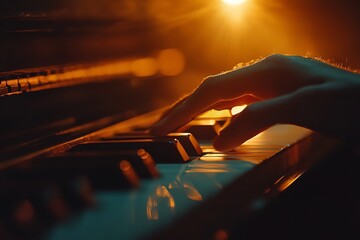 Intimate shot of a hand on piano keys under moody lighting, capturing musical passion and artistic expression.
