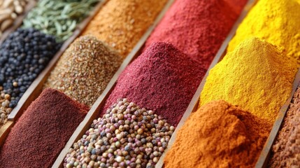 Fototapeta premium Colorful spices arranged in wooden boxes at a market.