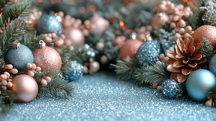 Holiday decorations. Festive Christmas decorations in vibrant colors, New Year celebrations