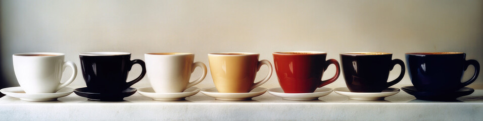 A striking lineup of seven coffee cups in a gradient of colors, each with a unique hue, set against a plain backdrop for an elegant minimalist presentation.