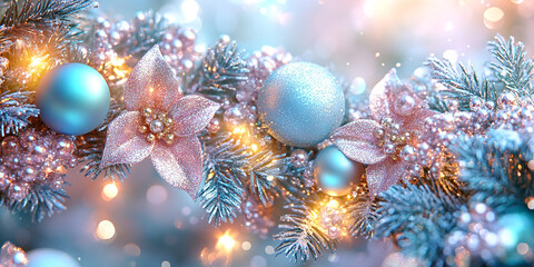 Holiday decorations. Festive Christmas decorations in vibrant colors, New Year celebrations