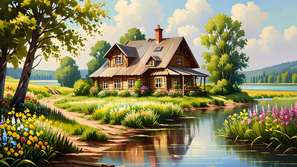 Oil painting of a landscape featuring an old wooden house by a serene river.