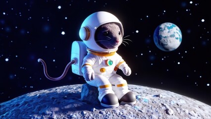 A cat in an astronaut suit sits on the moon, gazing at a distant planet.