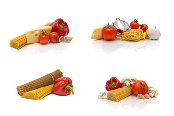 vegetables, cheese and spaghetti on a white background