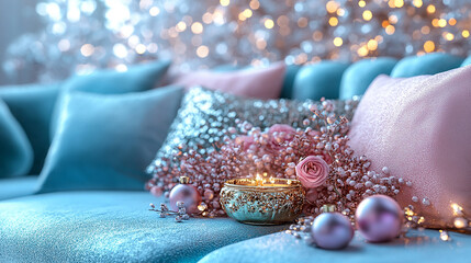 Holiday decorations. Festive Christmas decorations in vibrant colors, New Year celebrations