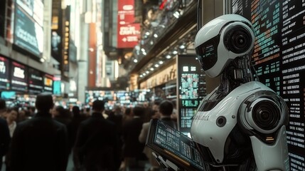 Fototapeta premium AI robot working alongside human traders in a bustling futuristic stock exchange.